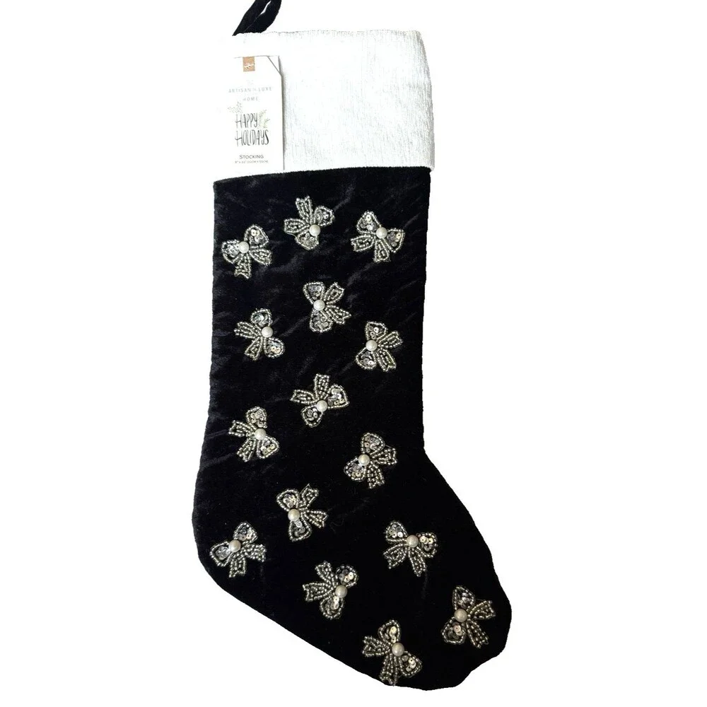 Artisan de Luxe Christmas Stocking Black Velvet Bow Pearls Beads Sequins 22